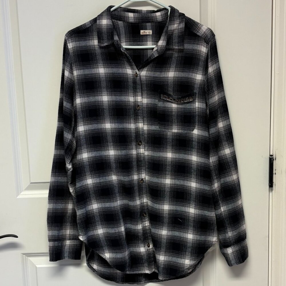 Women's long sleeved flannel shirt with beaded detail